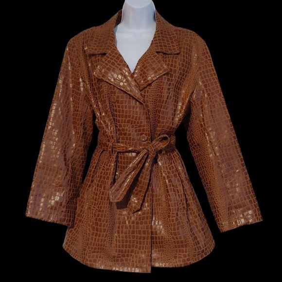 Selene Y2K Brown Faux Croc Lightweight Lined Pockets Over Hip Length Tie Jacket - Picture 1 of 7